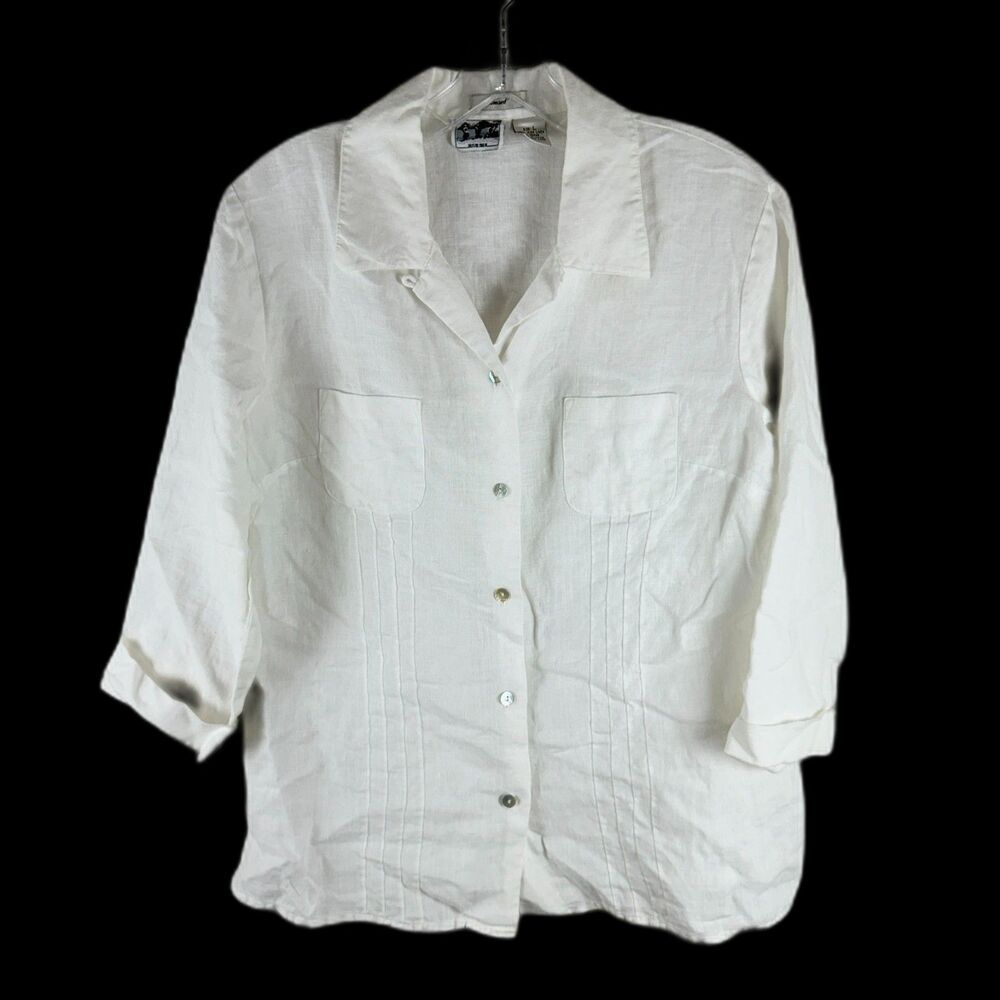 Vintage Edward White 100% Linen Button Up Shirt Pintuck Pocket 3/4 Sleeve Quite